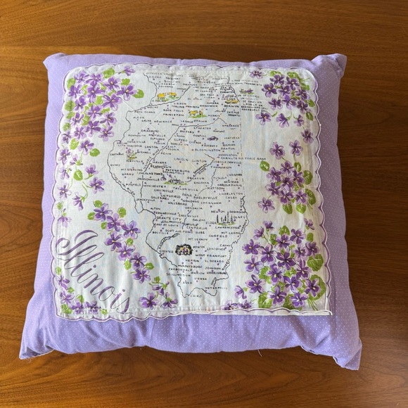 Vintage Illinois Handkerchief Pillow Violets Shabby Chic Retro Country Decor